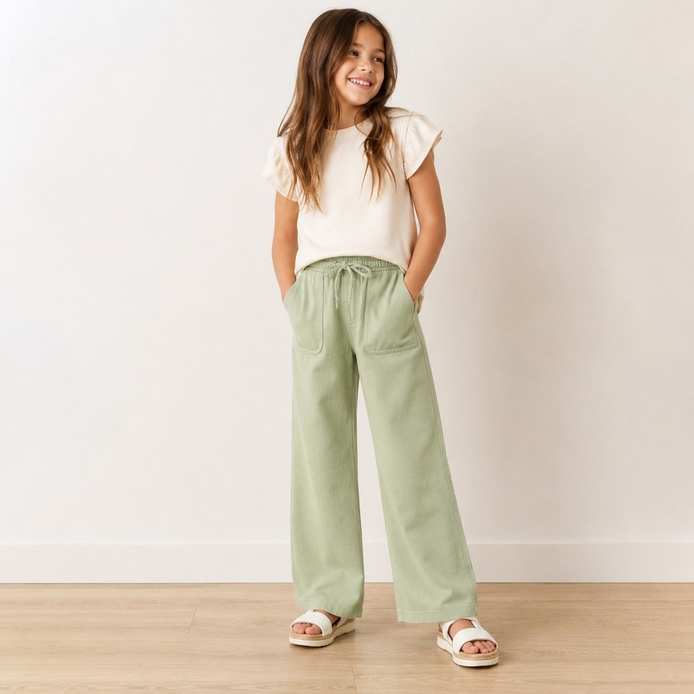 Cat & Jack Girls Sage Green Wide Leg Drawstring Twill Pants Size M 8 NWT